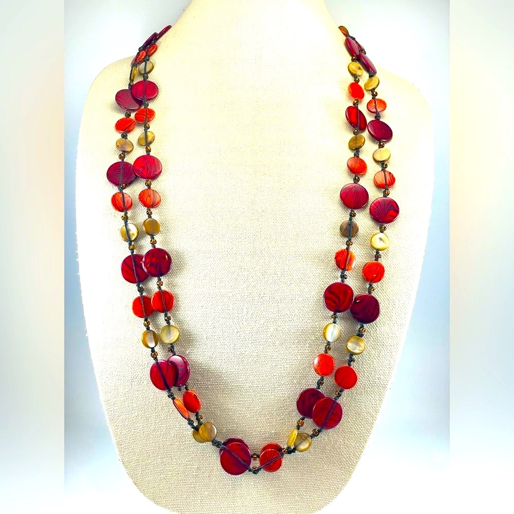 Red Mother of Pearl Disc Knotted Corded Boho Necklace Statement Long